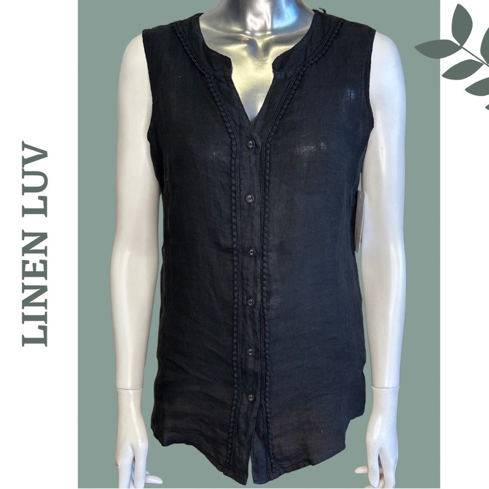 Linen Luv Women’s Sleeveless Black Button Front Top Lace Trim Side Knit Gusset
